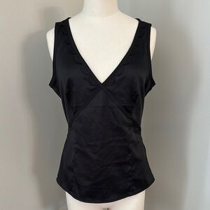 Mexx Black Satin Sleeveless V-Neck Tank with Scalloped Trim and Tie Back…